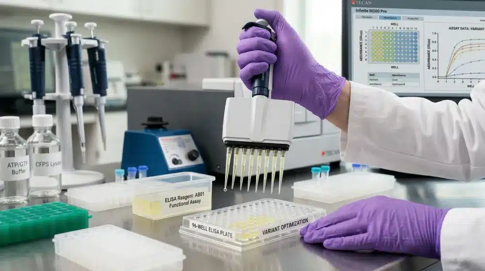 A high-precision top-down view of a scientist using a multichannel pipette to dispense custom-formulated protein reagents into a 96-well ELISA microplate.