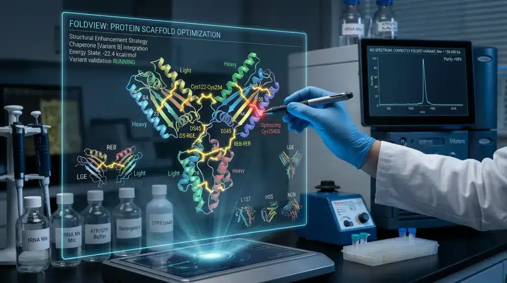 3D holographic modeling of a complex multispecific antibody scaffold being optimized for correct disulfide pairing and structural integrity.