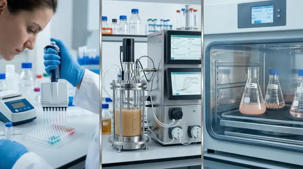 A high-resolution laboratory split-screen showing the three primary expression workflows: Cell-Free synthesis, E. coli fermentation, and Mammalian CHO cell culture.