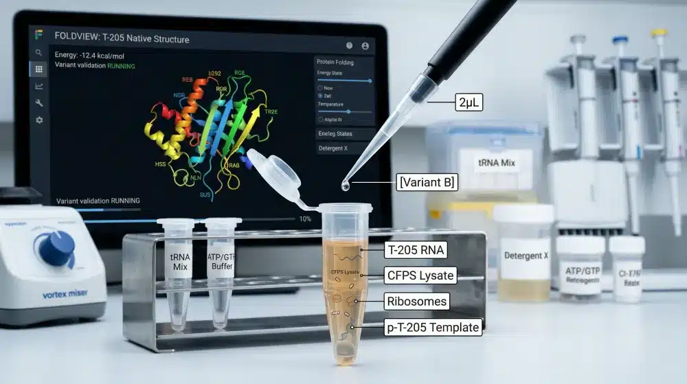 A split-screen comparison showing an aggregated, cloudy sample from traditional expression versus a clear, soluble protein rescued by Albrem.