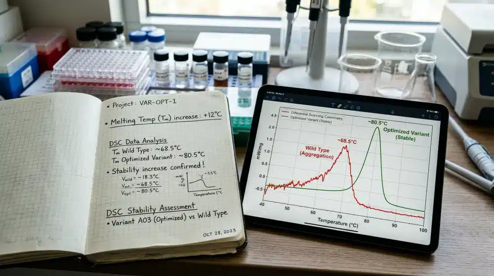 A research notebook and digital display showing Differential Scanning Fluorimetry (DSF) data and increased melting temperature (Tm) curves for an optimized protein.