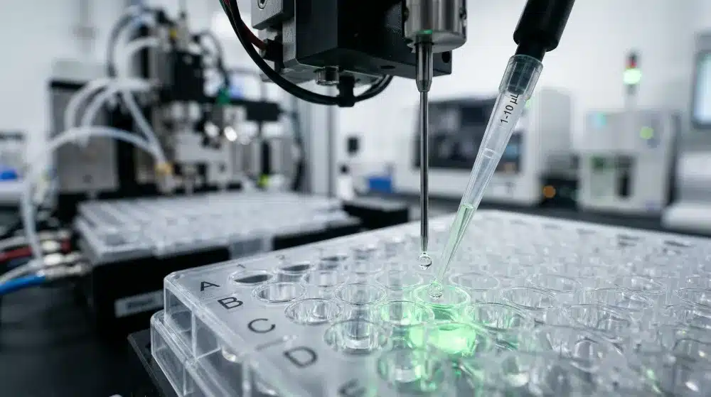 A macro photograph of a 384-well microplate used for high-precision binding assays and functional validation of optimized protein variants.
